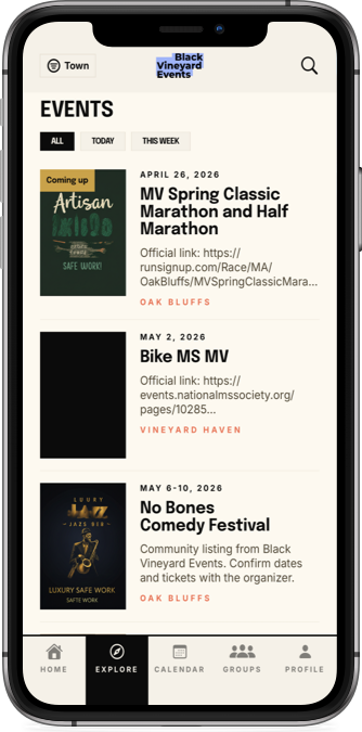 Black Vineyard Events app Events list with curated island listings