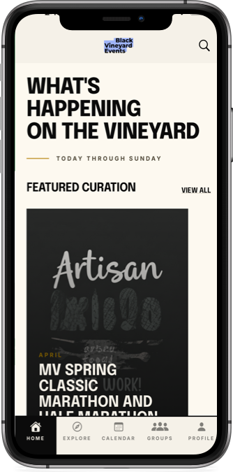 Black Vineyard Events app home screen on iPhone, with featured events and bottom navigation