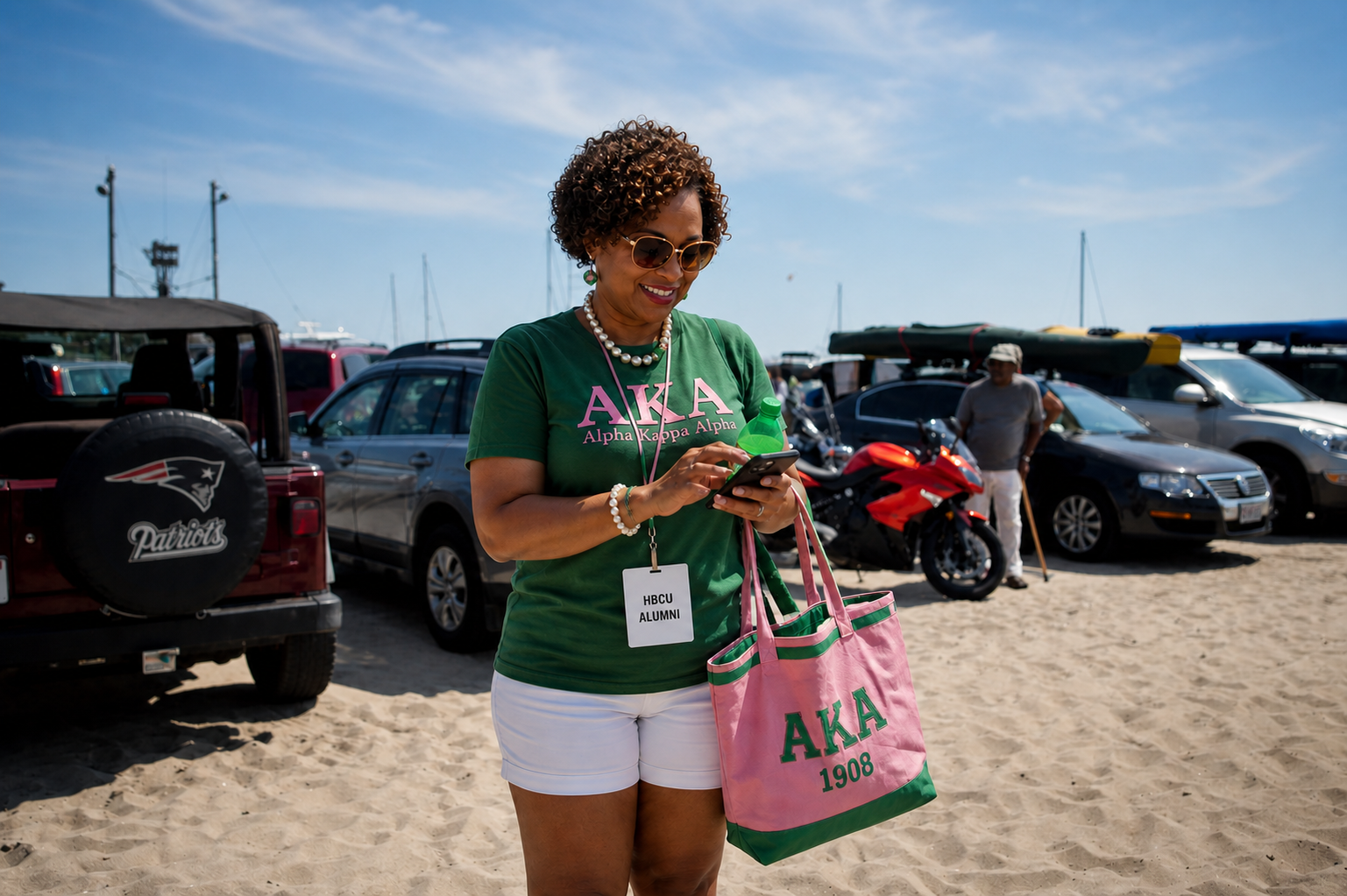 A woman in Alpha Kappa Alpha sorority colors with an HBCU Alumni badge on a Martha's Vineyard beach during a sunny summer event.