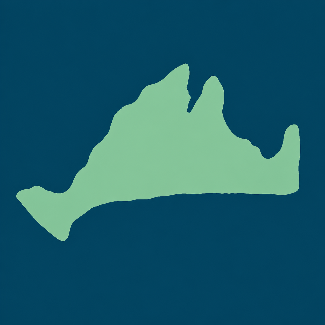 Minimalist graphic silhouette of Martha's Vineyard in light green on a dark navy blue background.