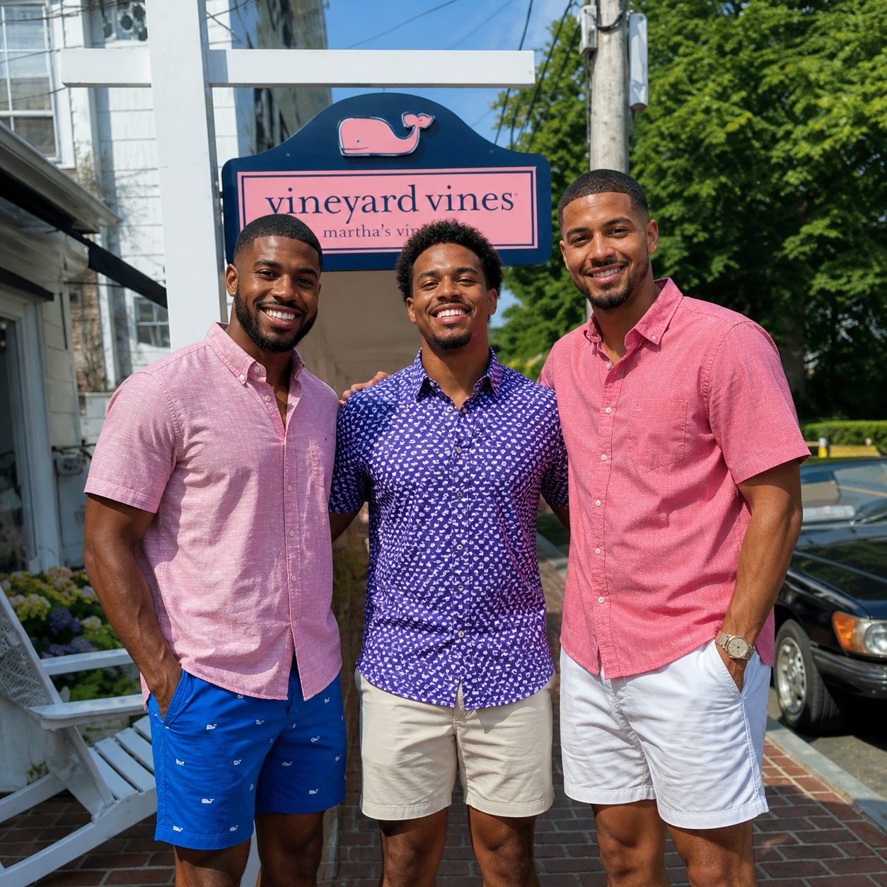 Three smiling Black men in summer attire standing in front of the Vineyard Vines Martha's Vineyard storefront.