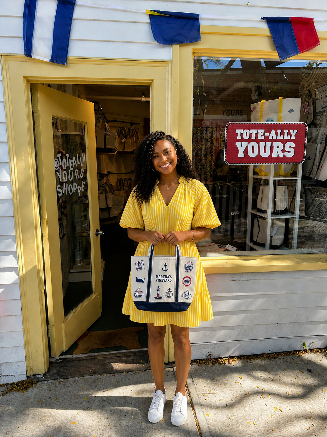 A smiling woman holding a Martha's Vineyard tote bag in front of Tote-ally Yours Shoppe, representing travel planning and local shopping on the island.