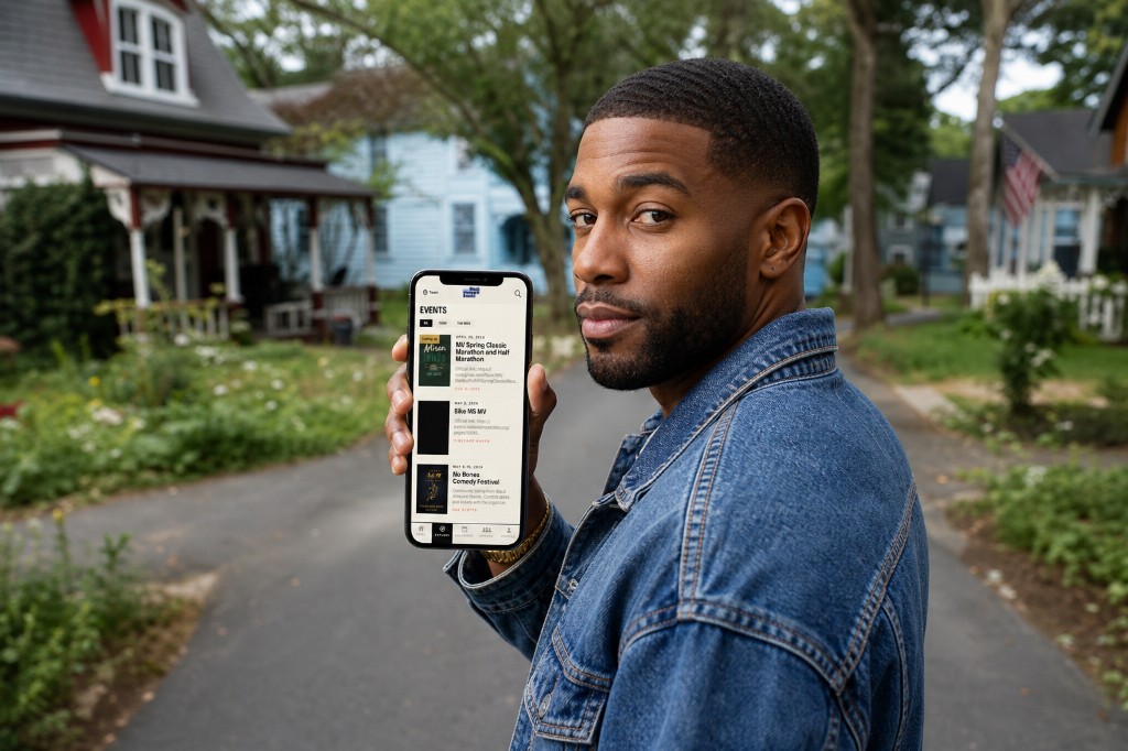 A community member in Oak Bluffs holds a phone showing the Black Vineyard Events app with island event listings.