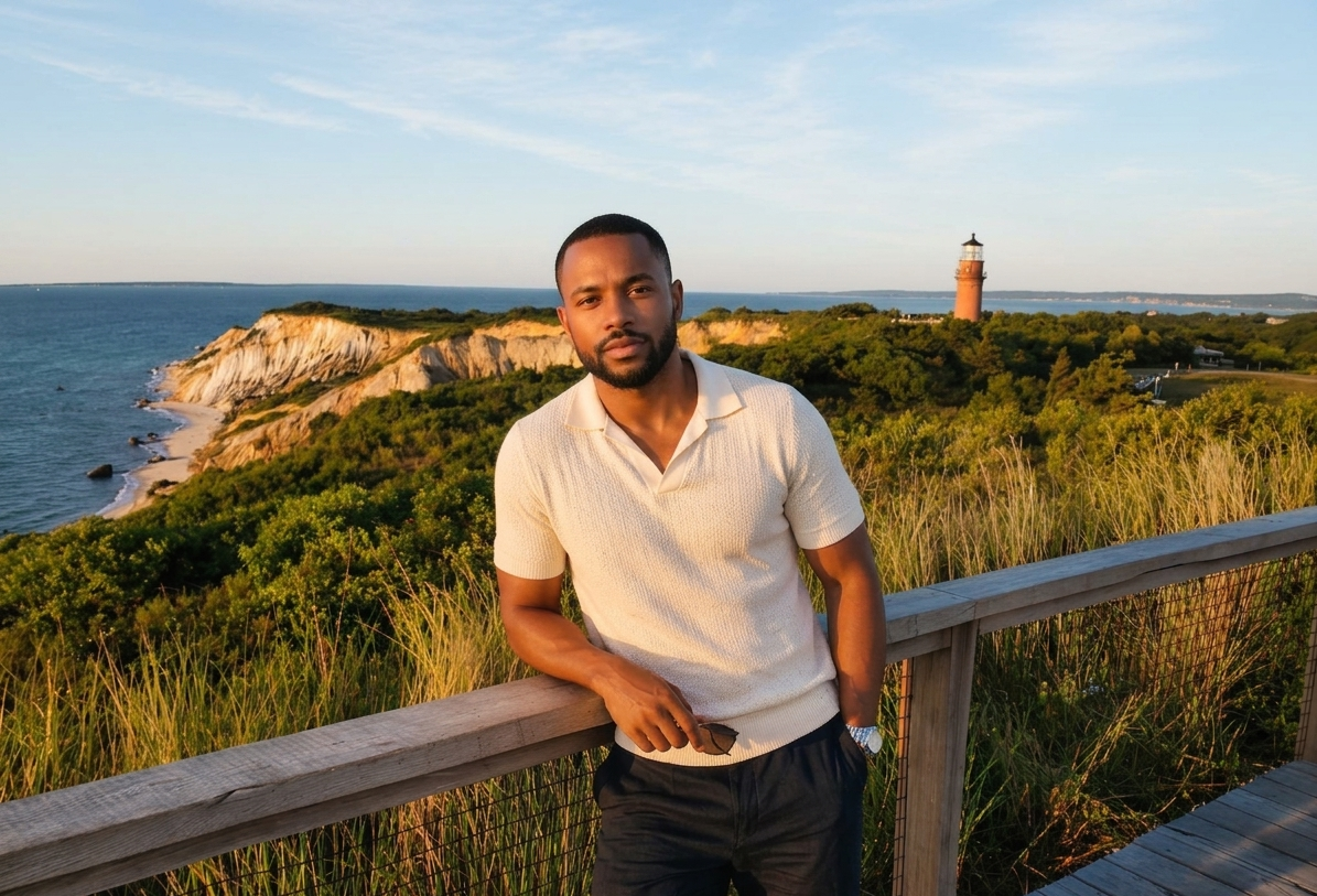 Malik Carter, founder of Black Vineyard Events, at a Martha's Vineyard coastal overlook at golden hour with cliffs, beach grass, Atlantic water, and a distant brick lighthouse on the horizon.